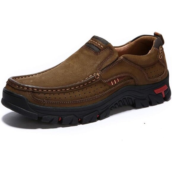 Men's Khaki Slip-on Hiking Shoes Leather Casual Outdoor Walking Sneaker - Picture 1 of 8